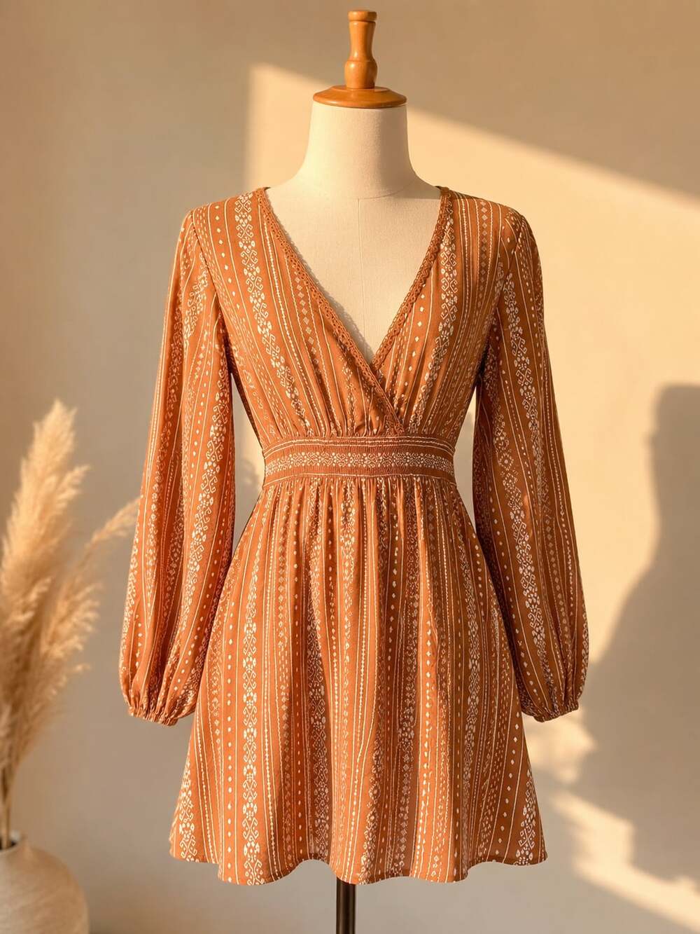Cupshe Women's Long Sleeve V-Neck Boho Print Mini Dress
